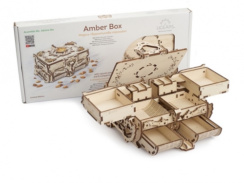 Puzzle 3D, lemn, mecanic Model cutie  antica cu Chihlimbar, 189 piese, Ugears 